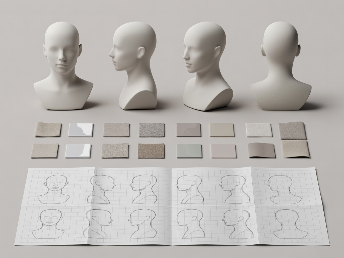 Illustrative 3D continuity layout with neutral practice-head views, labelled swatches and a worksheet