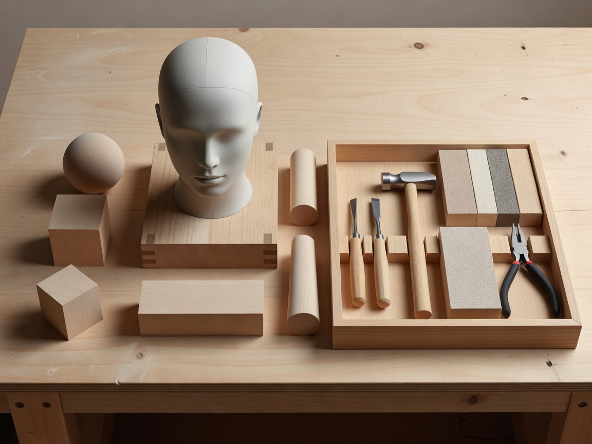 Illustrative 3D educational workbench with a practice head, unpainted forms and neatly separated tools