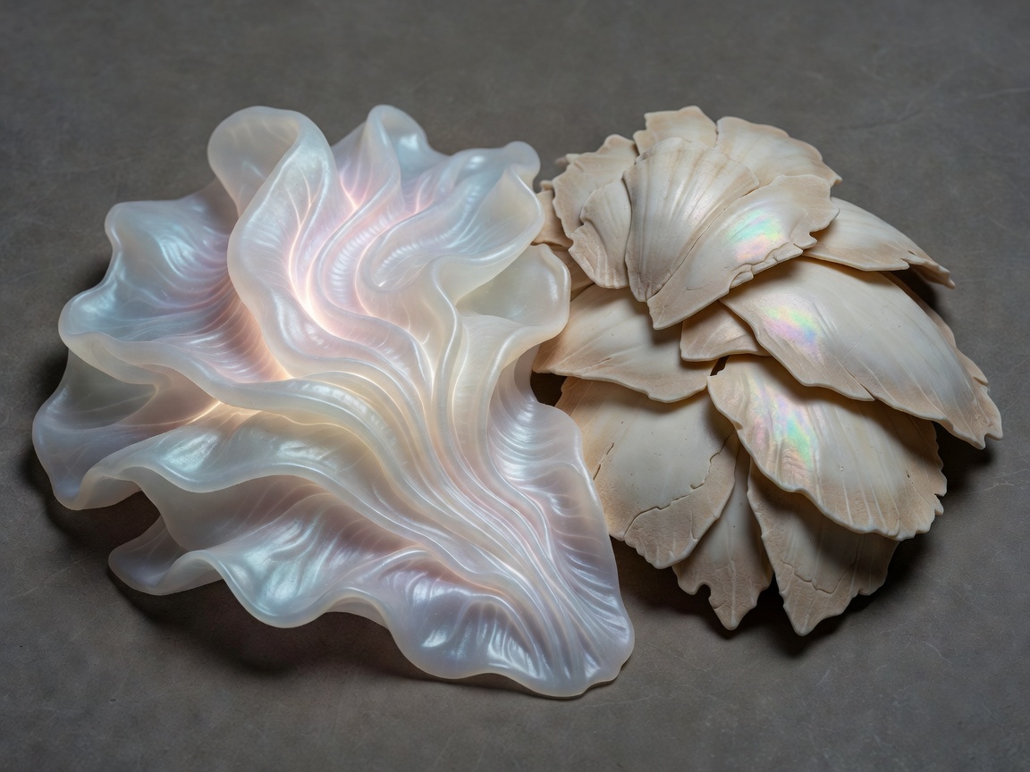 Illustrative 3D fantasy material samples contrasting soft translucent ridges with matte shell-like plates