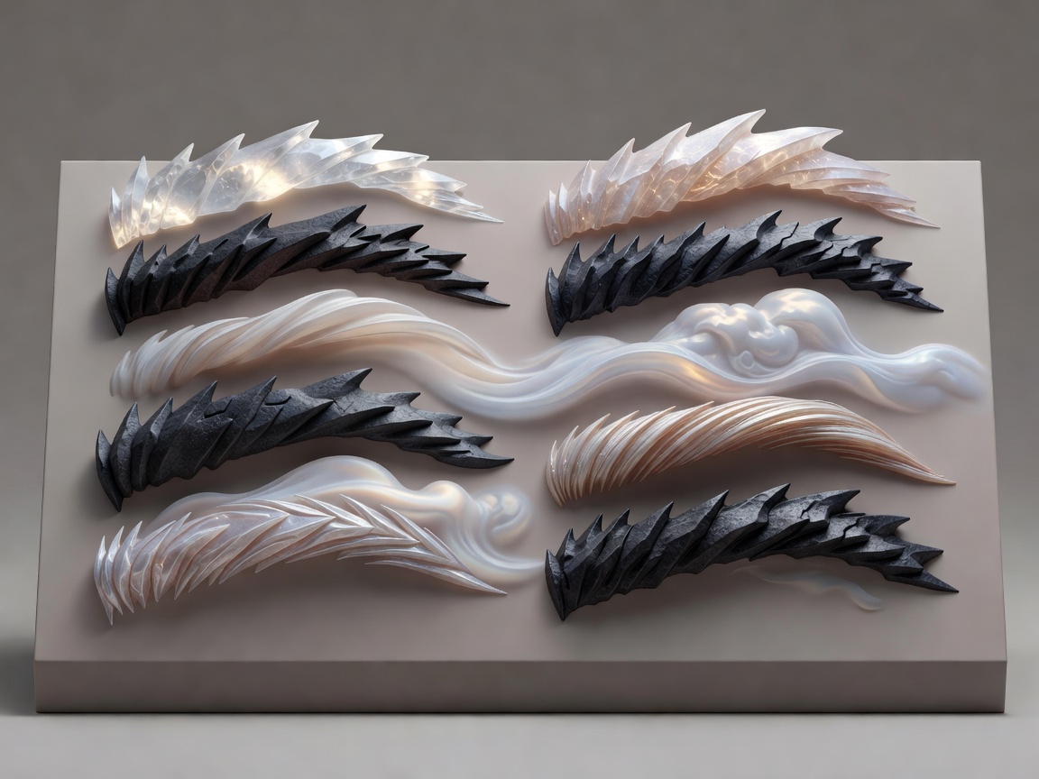 Illustrative 3D fantasy brow samples exploring repeated ridges and soft transitions