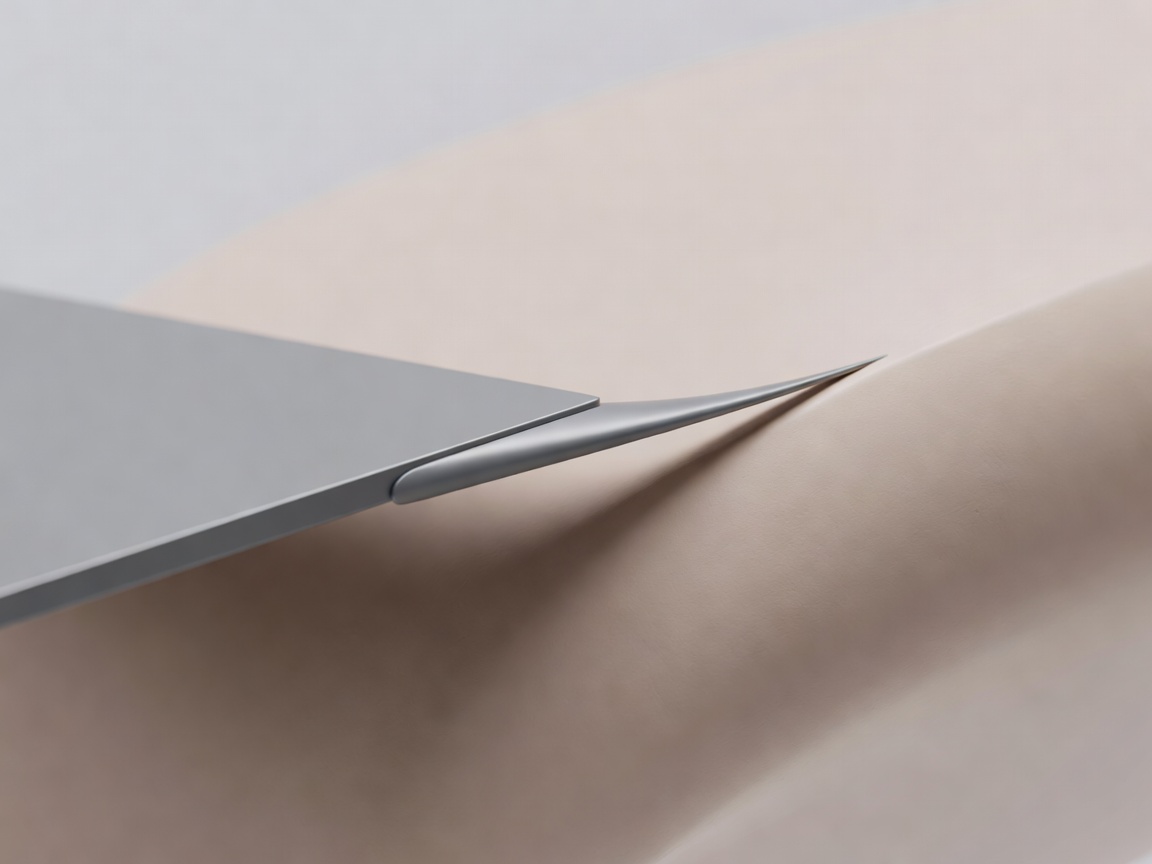 Illustrative 3D study showing a thin appliance edge meeting a curved practice surface