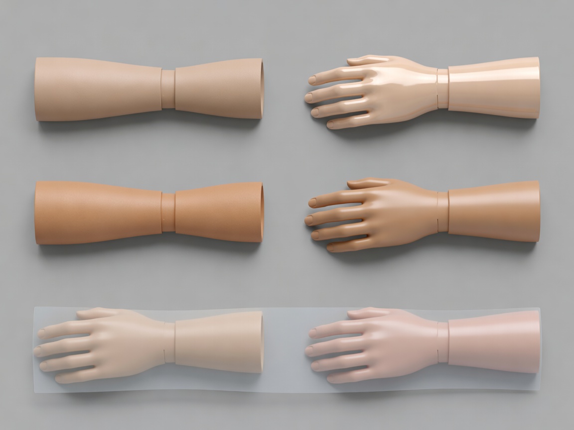 Illustrative 3D prosthetic sample comparing thin colour adjustments and differing surface sheen